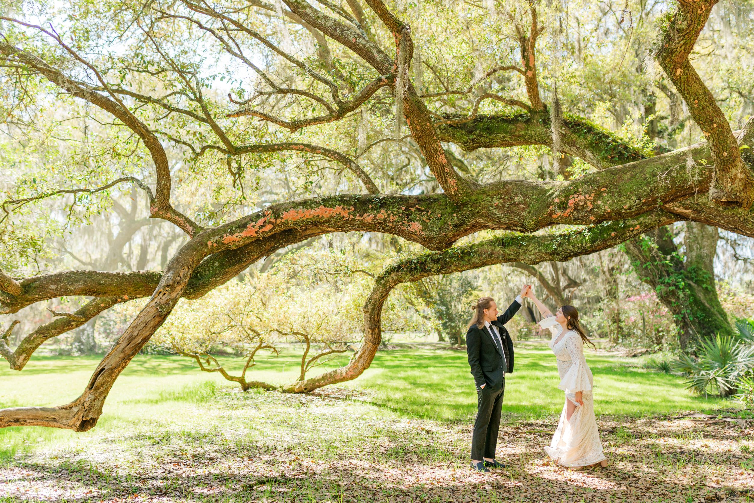 Kyle spins Paige underneath a large oak covered with spanish moss. The tree is so large that the branches spill down onto the ground