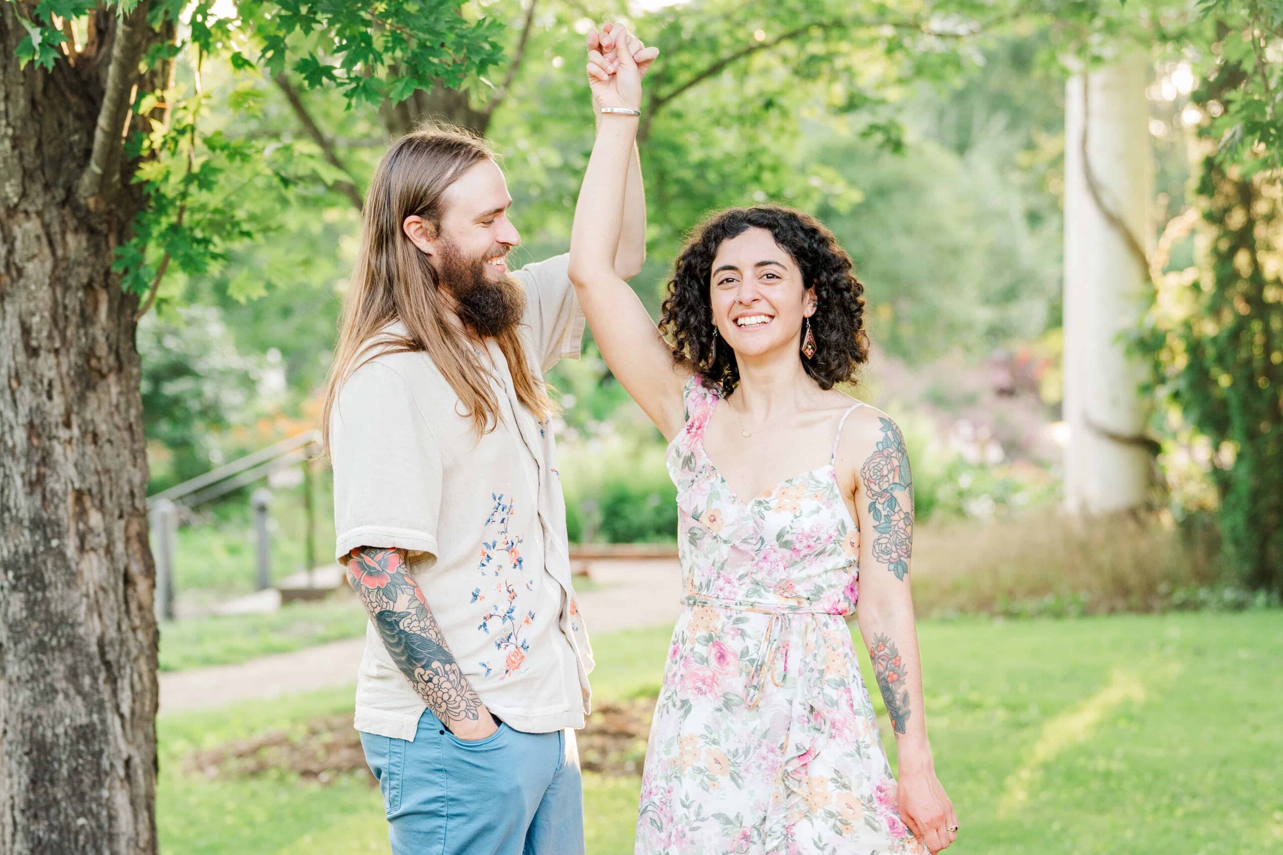 Bride-to-be laughing in natural light at botanical gardens near Lake Wylie