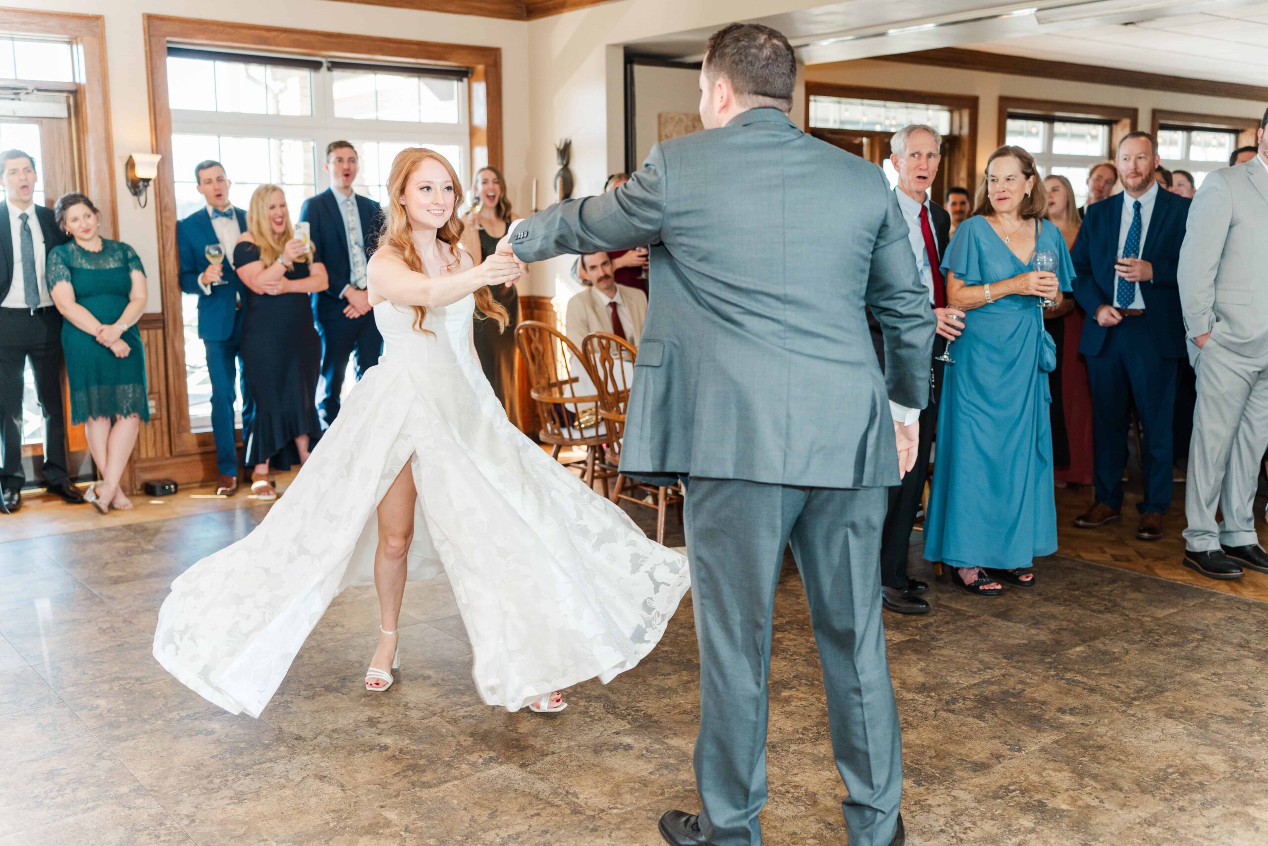 Bride’s dress twirling during lively dancing