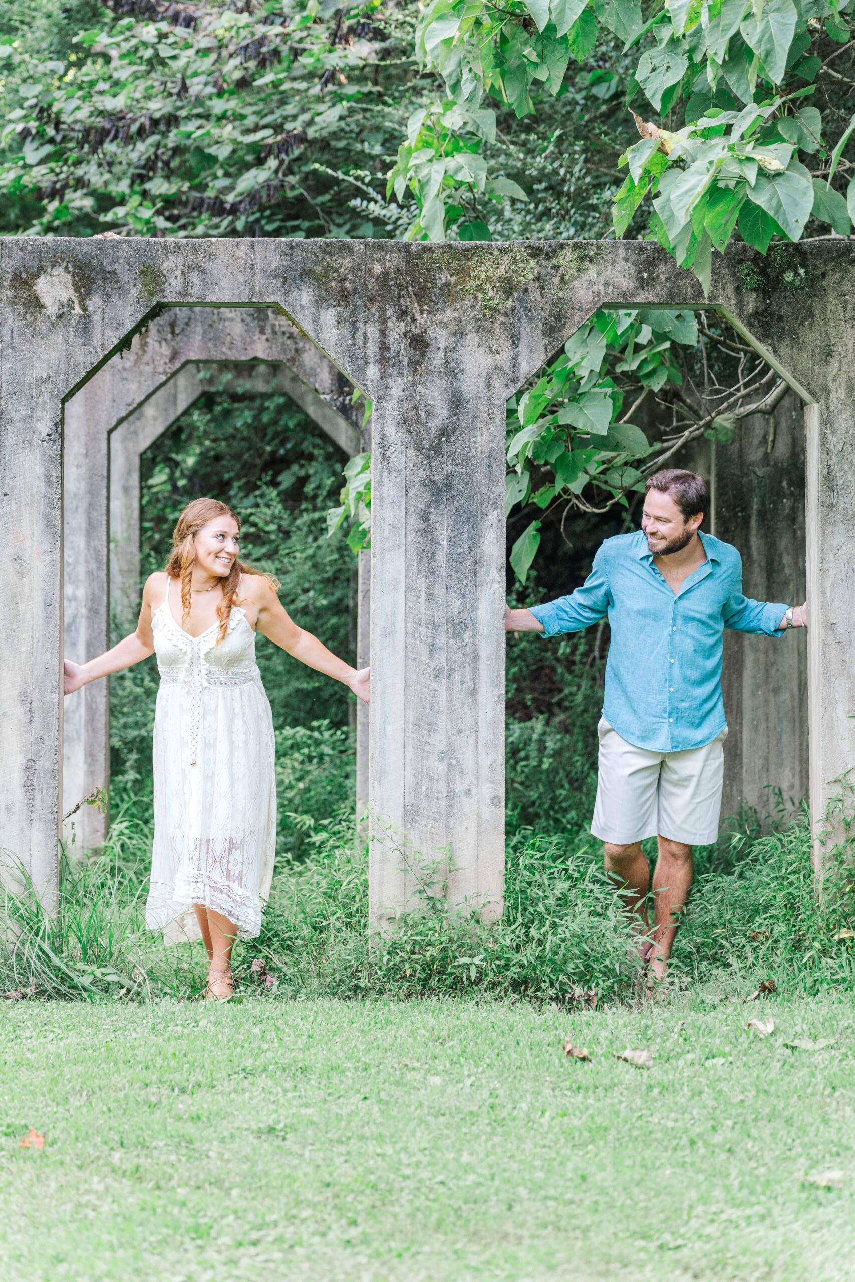 Stone structures and big open field at McGalliard Falls perfect for outdoor engagement photos