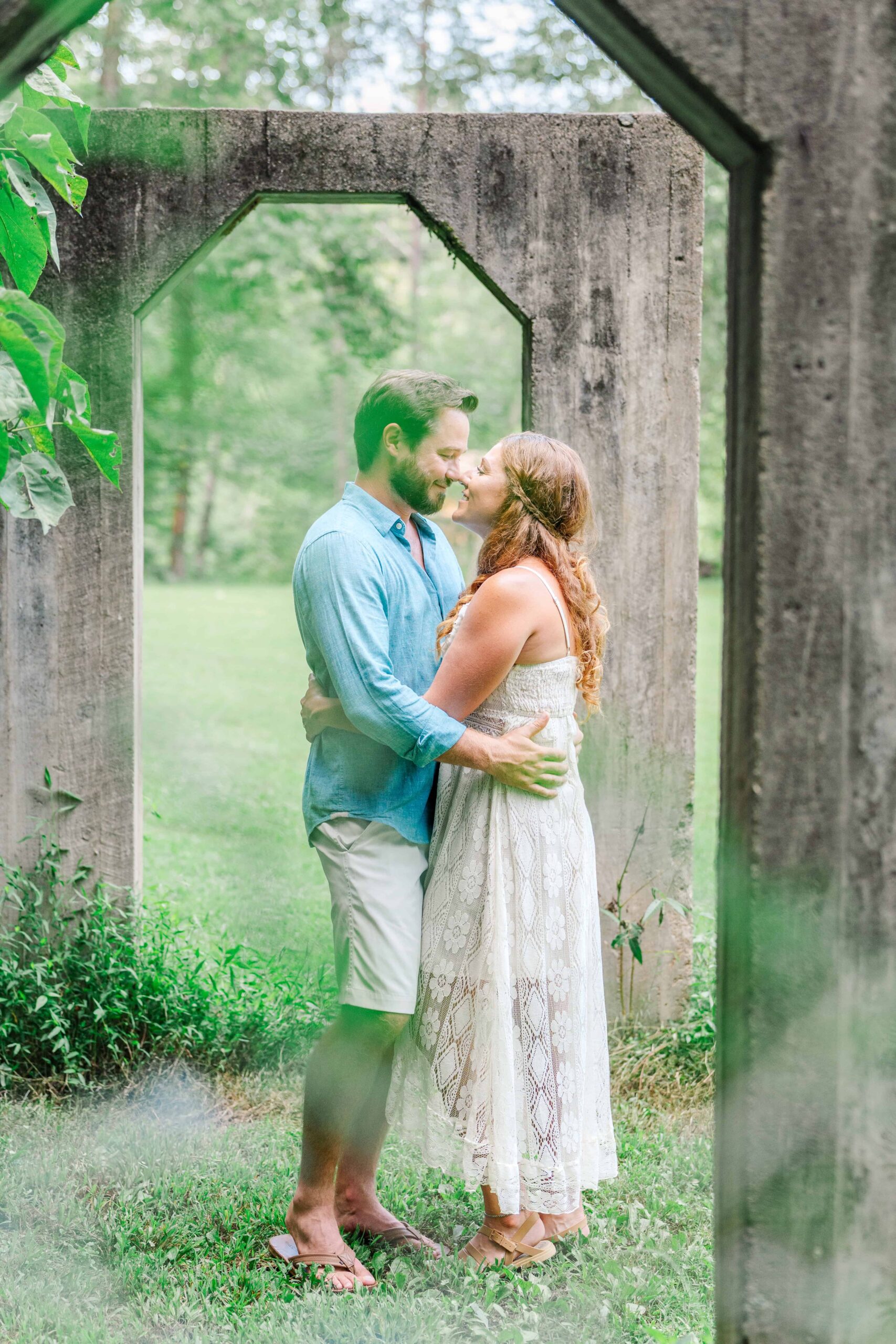 North Carolina outdoor engagement location with waterfall and stone structures