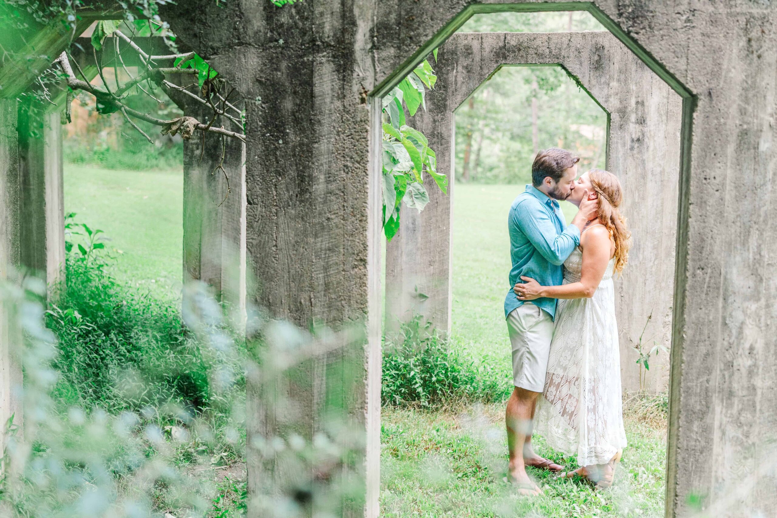 North Carolina outdoor engagement location with waterfall and stone structures