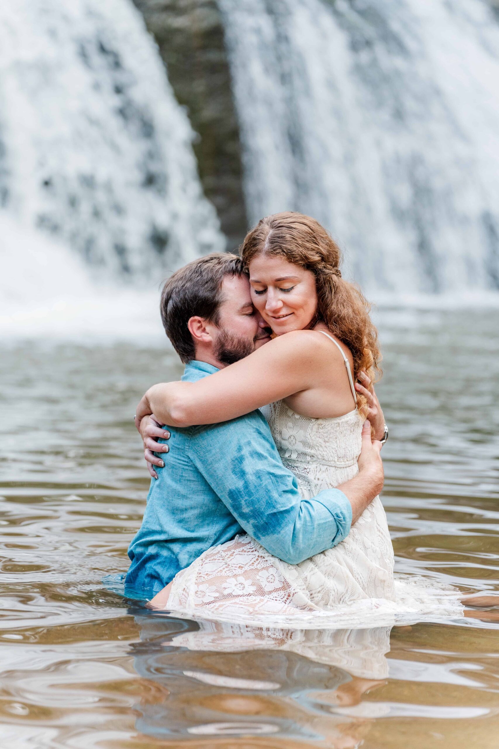 North Carolina engagement photographer captures couple at McGalliard Falls waterfall