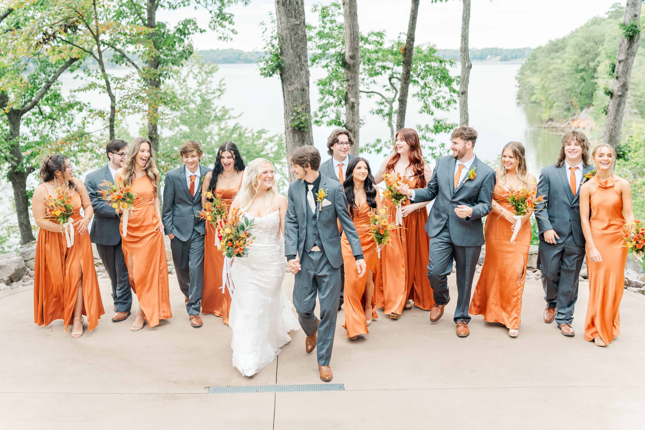 Bridal party posing in front of the Catawba Falls Event Center entrance