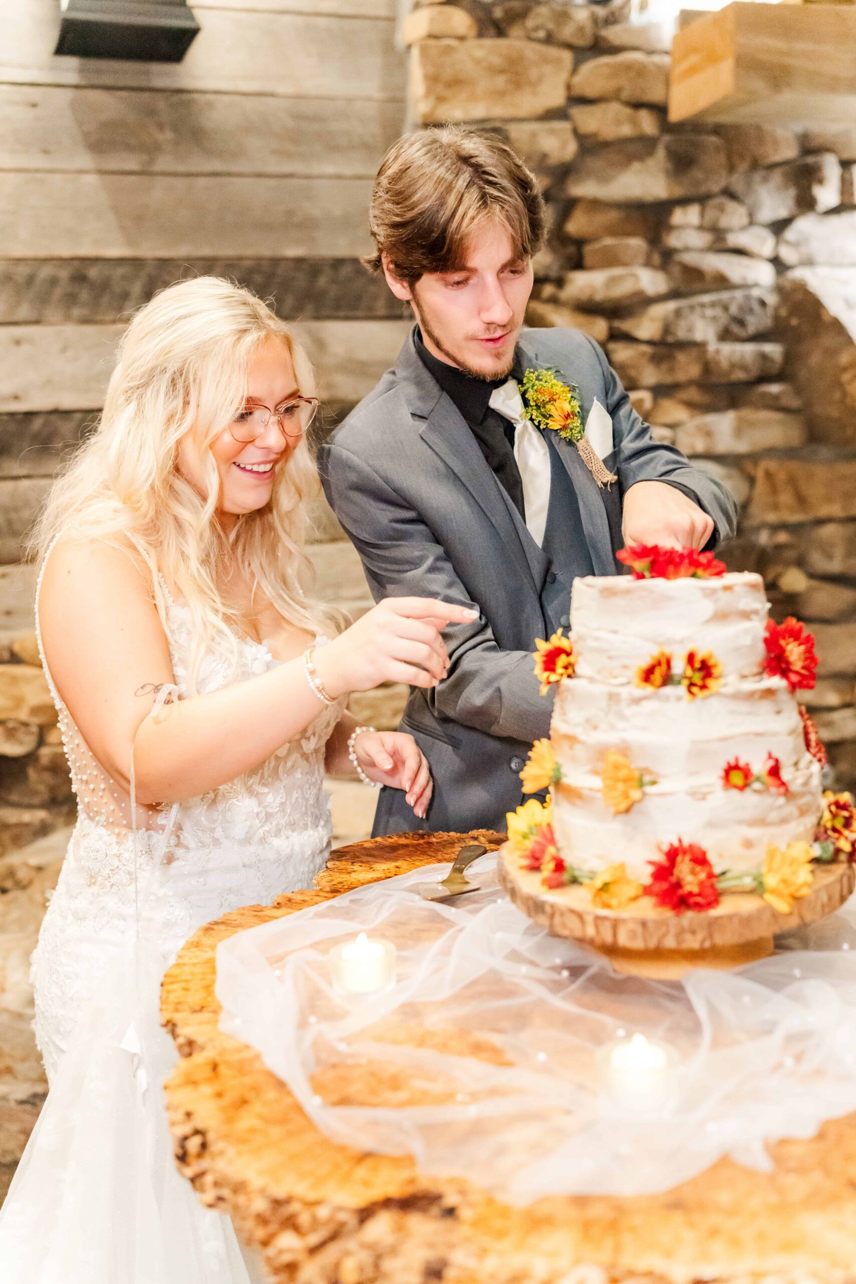 Wedding cake display in the Boulder Room with rustic southern charm