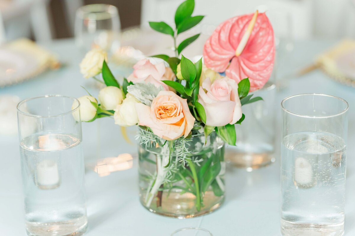Reception details inside the beautiful event barn at Camelot Meadows
