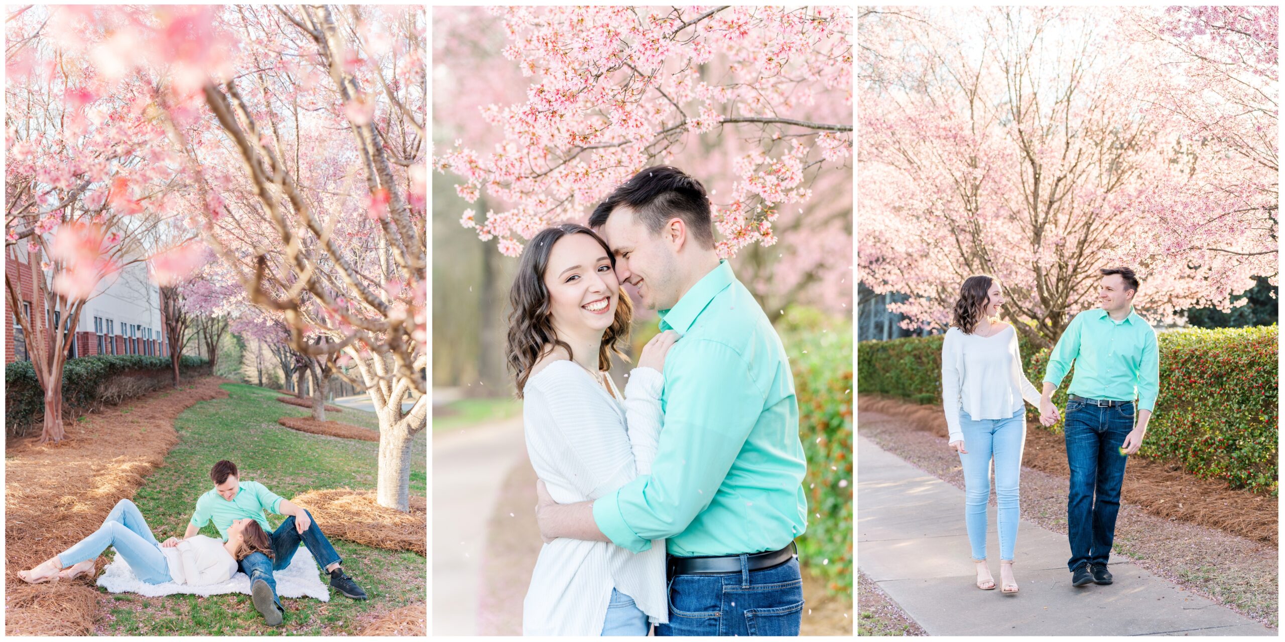 Portraits in the cherry blossoms for couple Mike and Cady