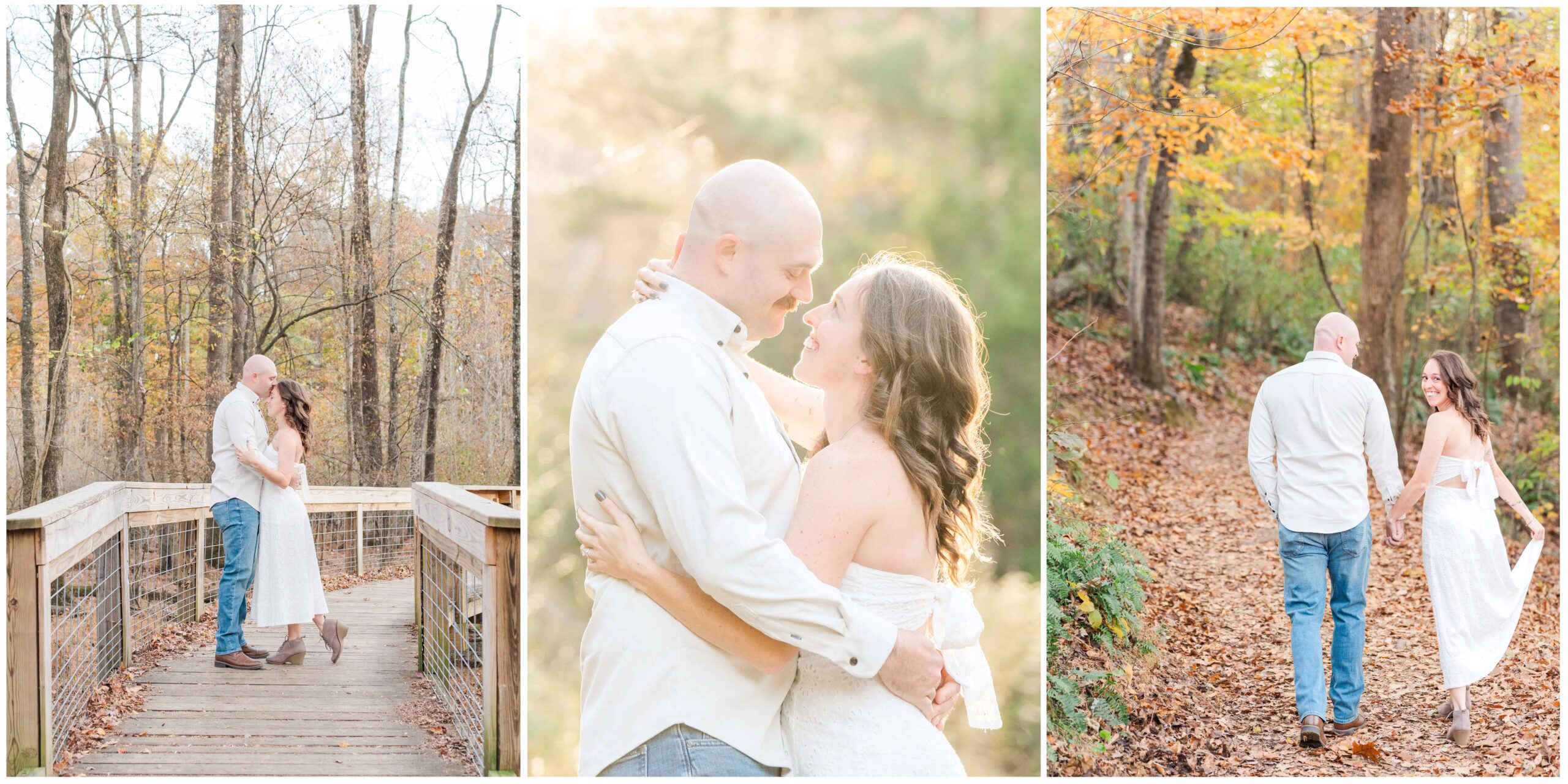 Newly engaged couple at their steven's creek engagement session in the woods in fall